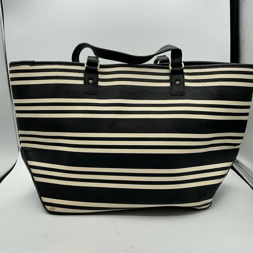 Betsey Johnson Black White Stripe Large Tote Bag Bows Hearts Lipstick Charms